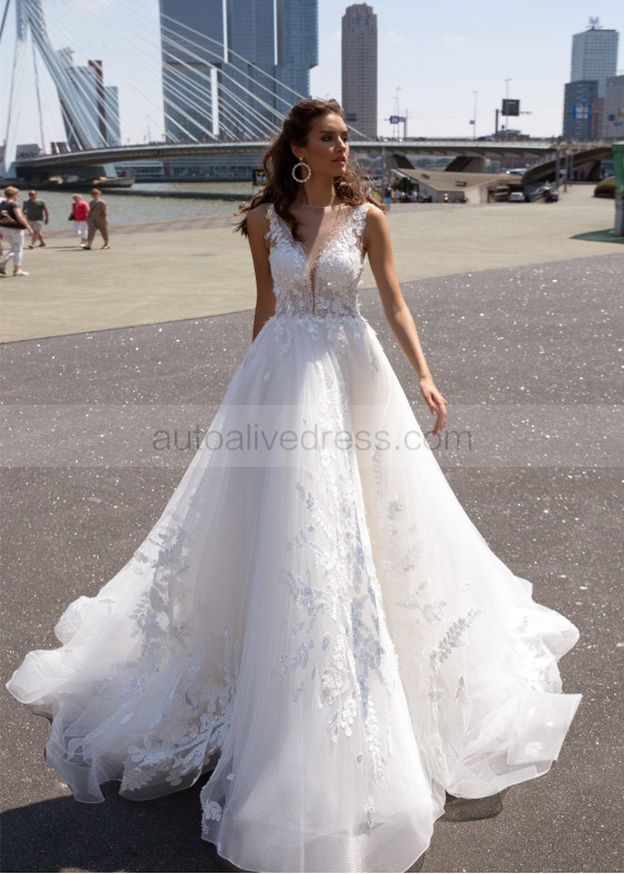 Ivory Lace Tulle Sparkle Buttons Back Wedding Dress Ivory Lace Tulle Sparkle Buttons Back Wedding Dress